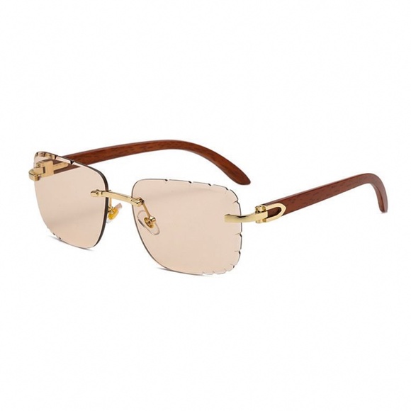 Woodgrain Gem Cut Mens Tan Tint Rimless Gold Frame Retro Summer Sunglasses - Picture 2 of 3